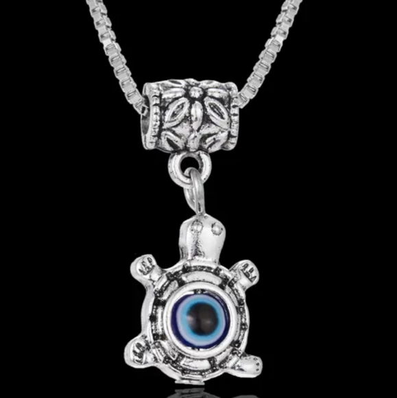 TURTLE CHARM Necklace w Evil Eye Protection or Good Luck Spinning Glass Bead - Picture 3 of 4
